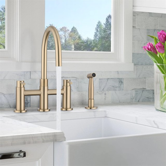 AWZTOO Bridge Kitchen Faucet With Side Sprayer 4 Hole Kitchen Sink Faucet 2 Handle Widespread Traditional Taps WIth Pull Out Sparyer Brushed Gold