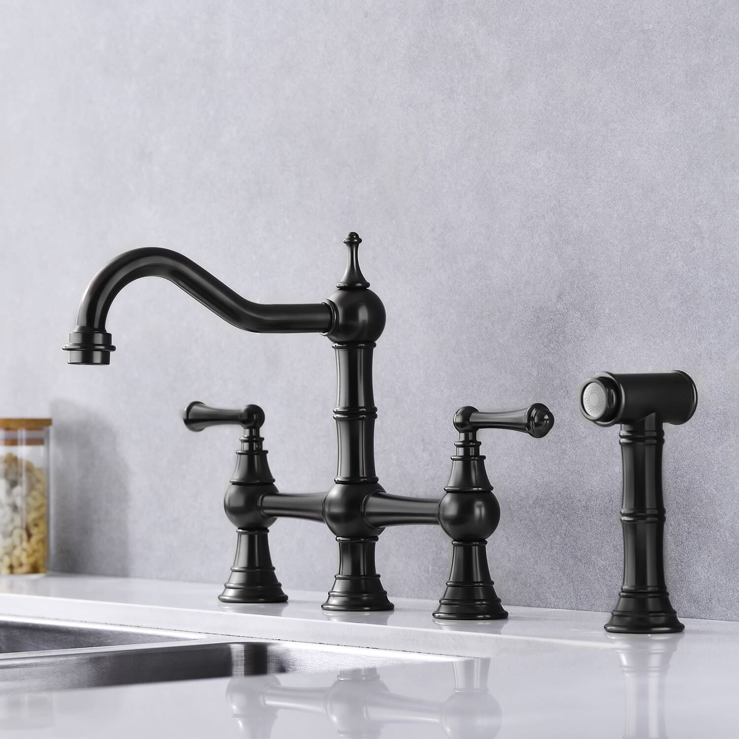 AWZTOO Bridge Kitchen Faucet With Side Sprayer, 4 Hole Kitchen Sink Faucet 2 Handle Centerset Traditional Taps WIth Pull Out Sparyer Matte Black Matte