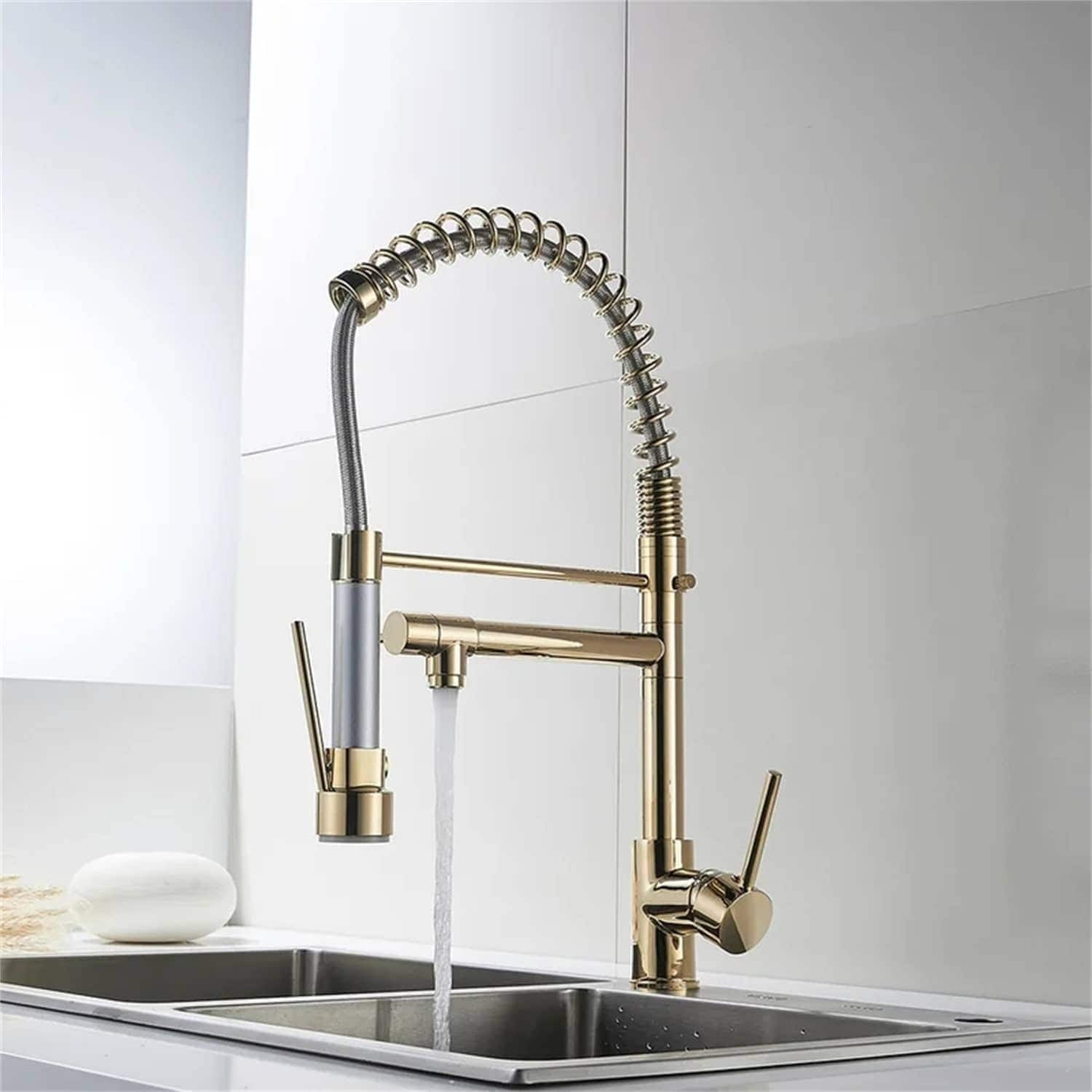 AWZTOO Commercial Pull Down Kitchen Sink Faucet Single Handle Modern Kitchen Faucets Single Hole Faucet With Pot Filler Brushed Gold Brushed, Gold