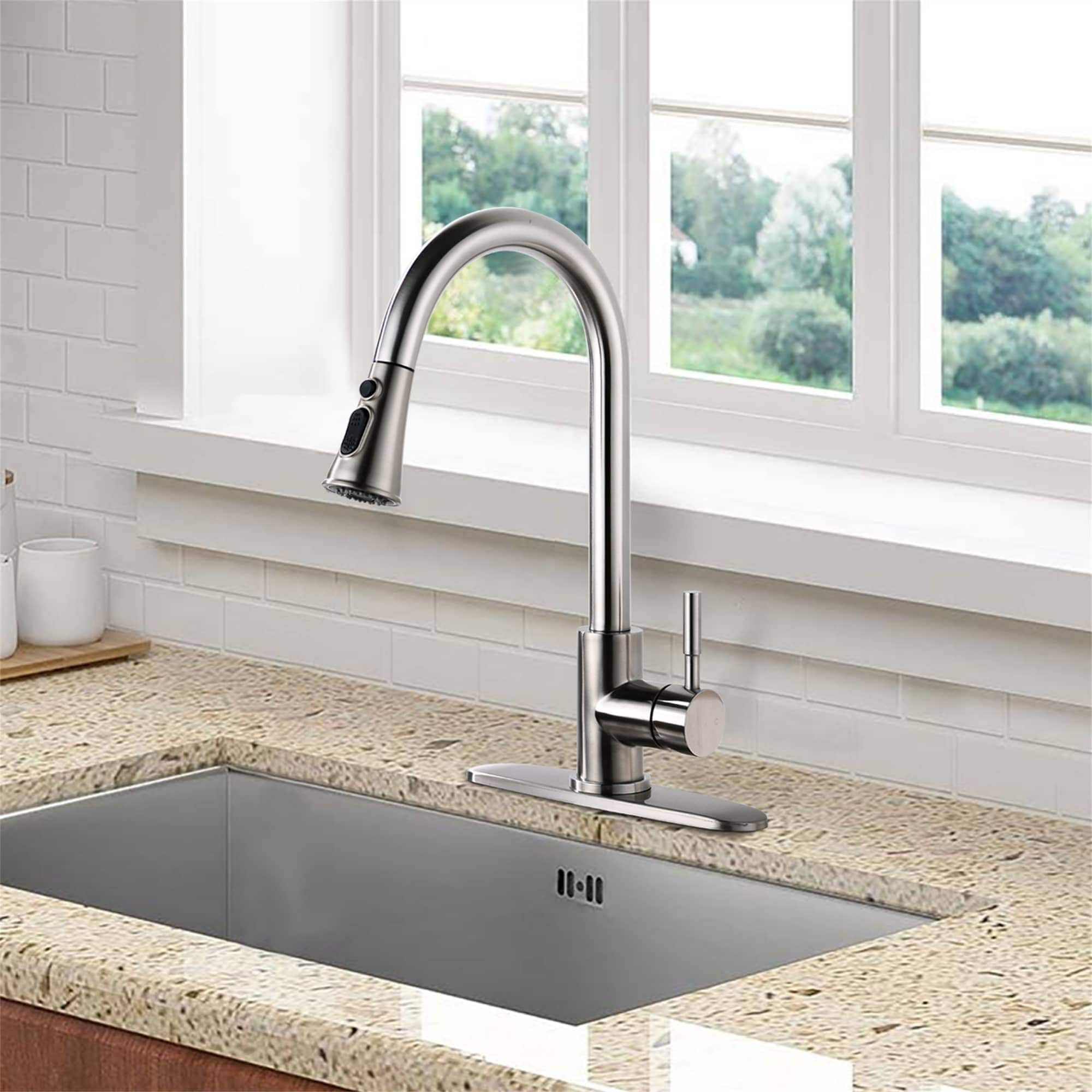 AWZTOO Pull Down Kitchen Sink Faucet Single Handle Kitchen Faucet WIth Sprayer Stainless Steel One Hole Modern Basin Laundry Taps Brushed Nickel