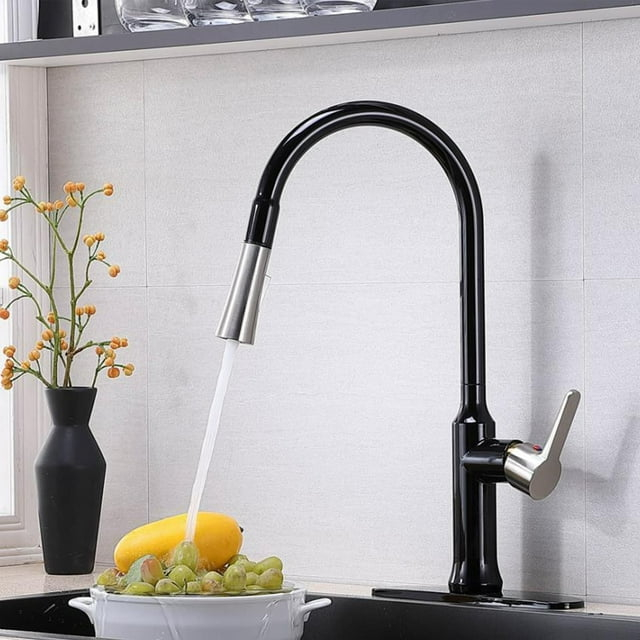 AWZTOO Single Hole Kitchen Sink Faucet With Pull Down Sprayer Commercial Kitchen Faucet Matte Black Stainless Steel Basin Laundry Tap