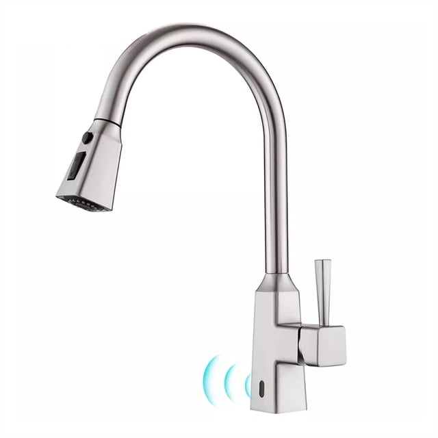 AWZTOO Touchless Kitchen Faucet With Pull Down Sprayer 1 Hole Smart Kitchen Sink Faucet Single Handle Hand Free Modern Vanity Basin Tap Brushed Nickel