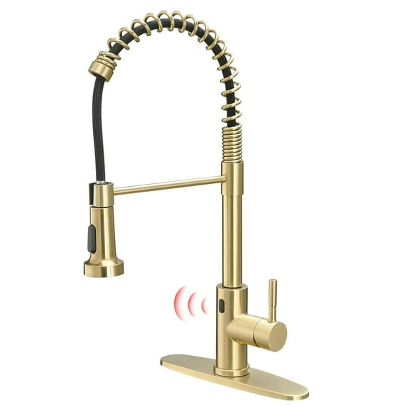 AWZTOO Touchless Pull Down Kitchen Faucet Single Handle Commercial Kitchen Sink Faucets With Sprayer Smart Single Hole Taps With Valve Brushed Gold