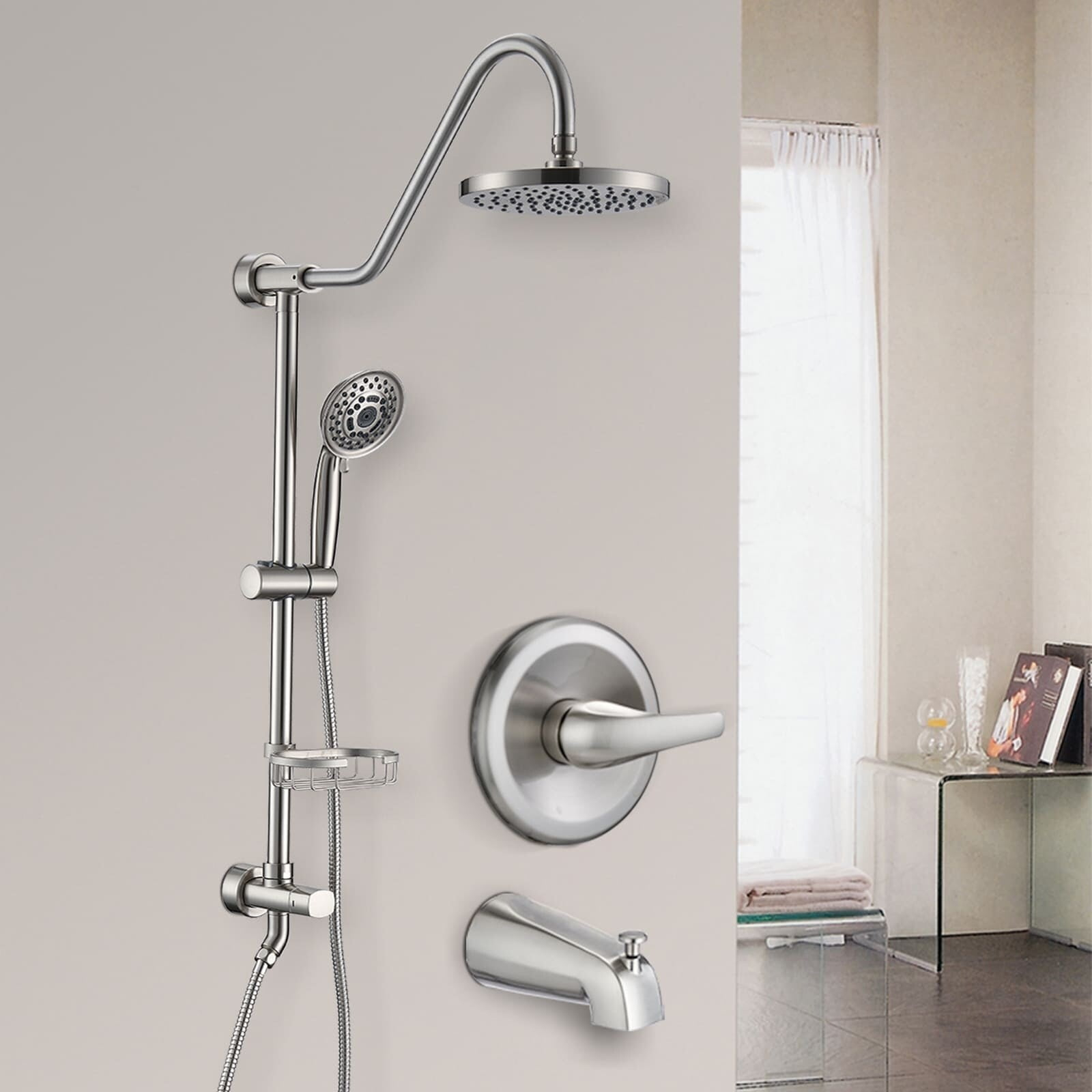 AWZTOO Wall Mounted Tub And Shower Faucet With Handheld Shower 8 Inch Shower Head Combo Set Exposed Pipe Shower System Brushed Nickel