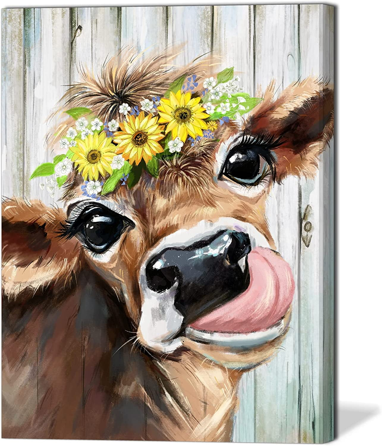 ERYOGS Country Cow Decor Farmhouse Kitchen Wall Pictures Rustic Cute Brown Wearing a Wreath Decoration Canvas Artwork Printed & Ready to Hang for Bedroom Bathroom -12x16