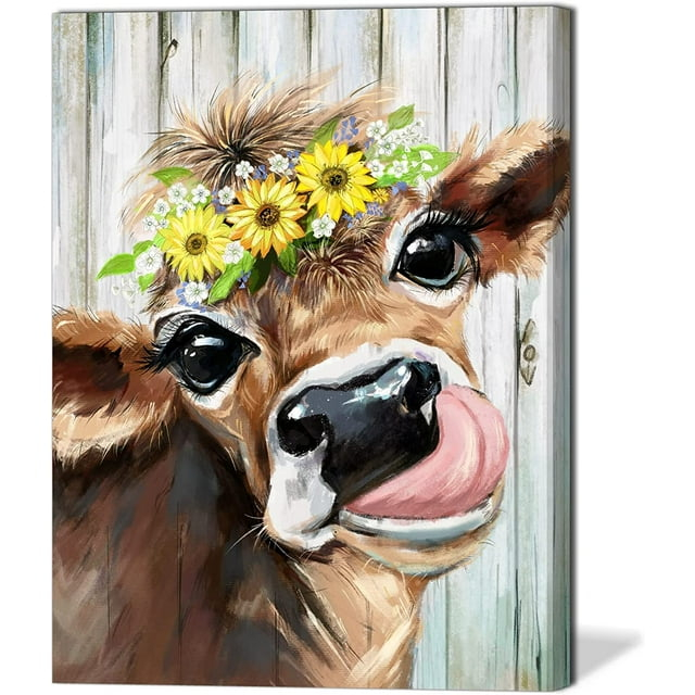 ERYOGS Country Cow Decor Farmhouse Kitchen Wall Pictures Rustic Cute Brown Wearing a Wreath Decoration Canvas Artwork Printed & Ready to Hang for Bedroom Bathroom -12x16