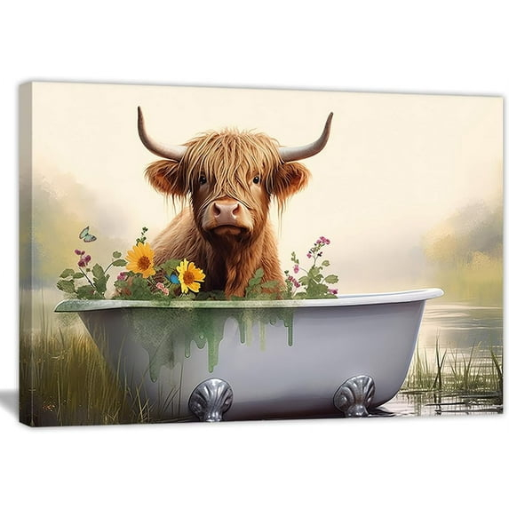 AXXPosters Cute Highland Cow Picture Wall Decor Highland Cattle in Bathtub Canvas Painting Village Animals Picture for Bathroom Decor Frame（Bathroom Animal-3，12.00" x 18.00"）