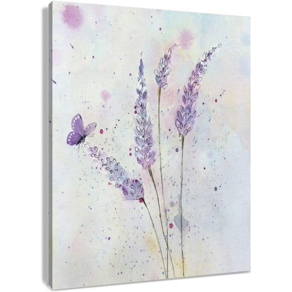 HVEST Lavender Canvas Wall Art Butterfly with Purple Flower Artwork Elegant Paintings for Living Room Bedroom Bathroom Wall Decor,Stretched and Framed Ready to Hang,12x16 inches
