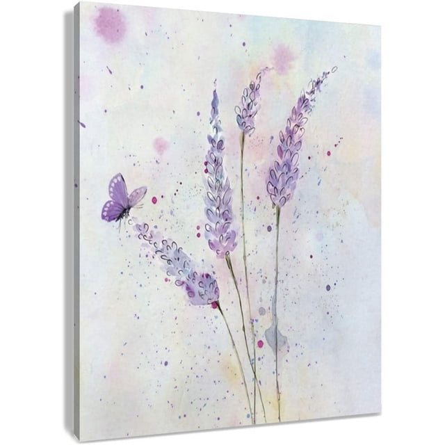 HVEST Lavender Canvas Wall Art Butterfly with Purple Flower Artwork Elegant Paintings for Living Room Bedroom Bathroom Wall Decor,Stretched and Framed Ready to Hang,12x16 inches