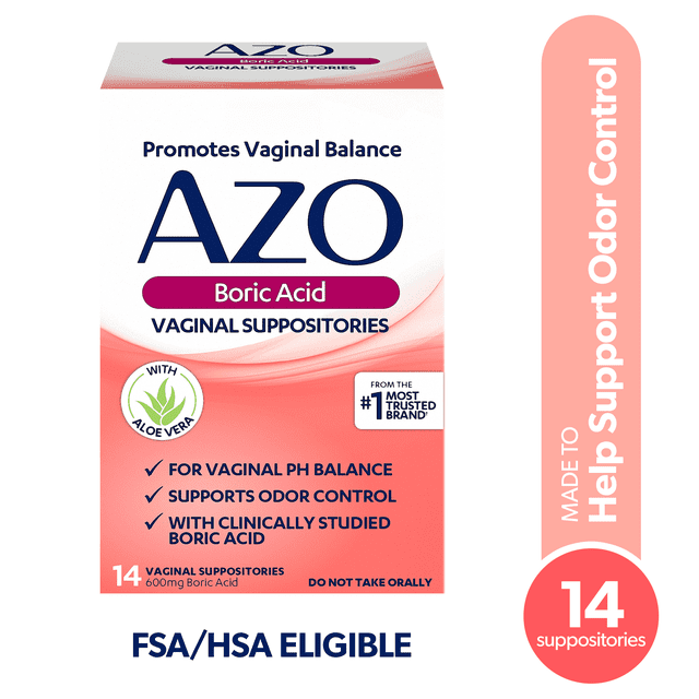 AZO Boric Acid Vaginal Suppositories, with Aloe Vera, FSA/HSA Count, 600 mg, 14 Count