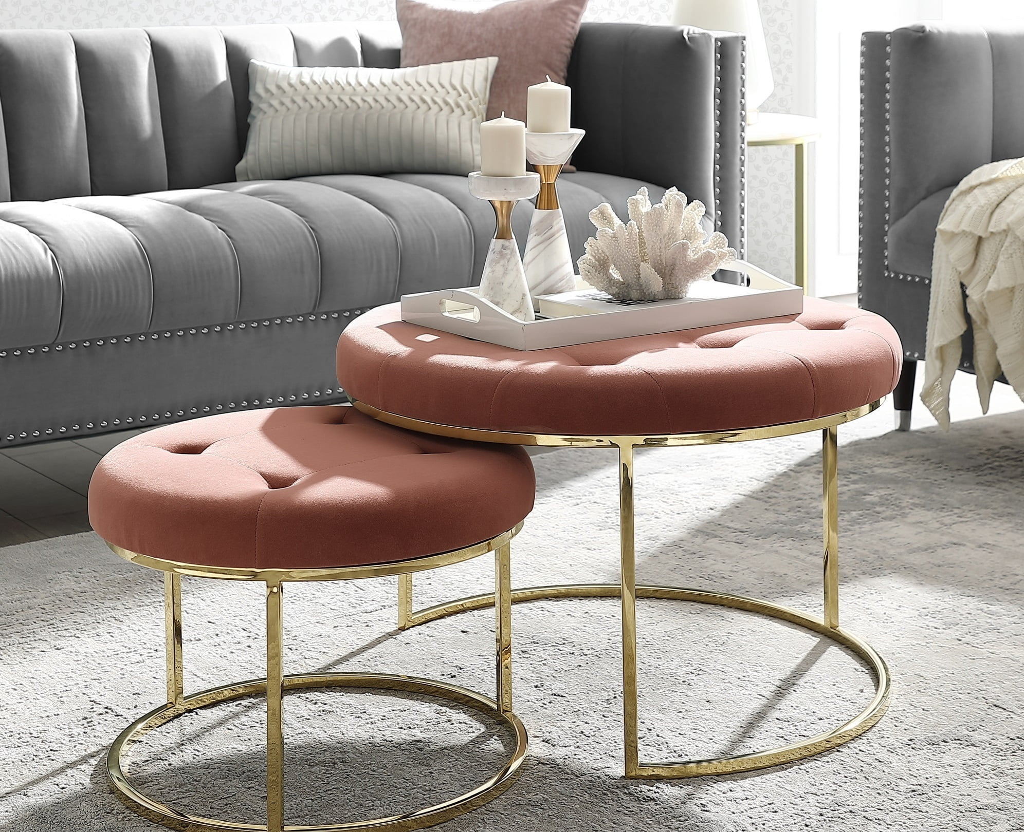 28 Dia. x 18 in. Posh Living Aaden Velvet Cocktail Coffee Table Ottoman, Blush & Gold - Set of 2