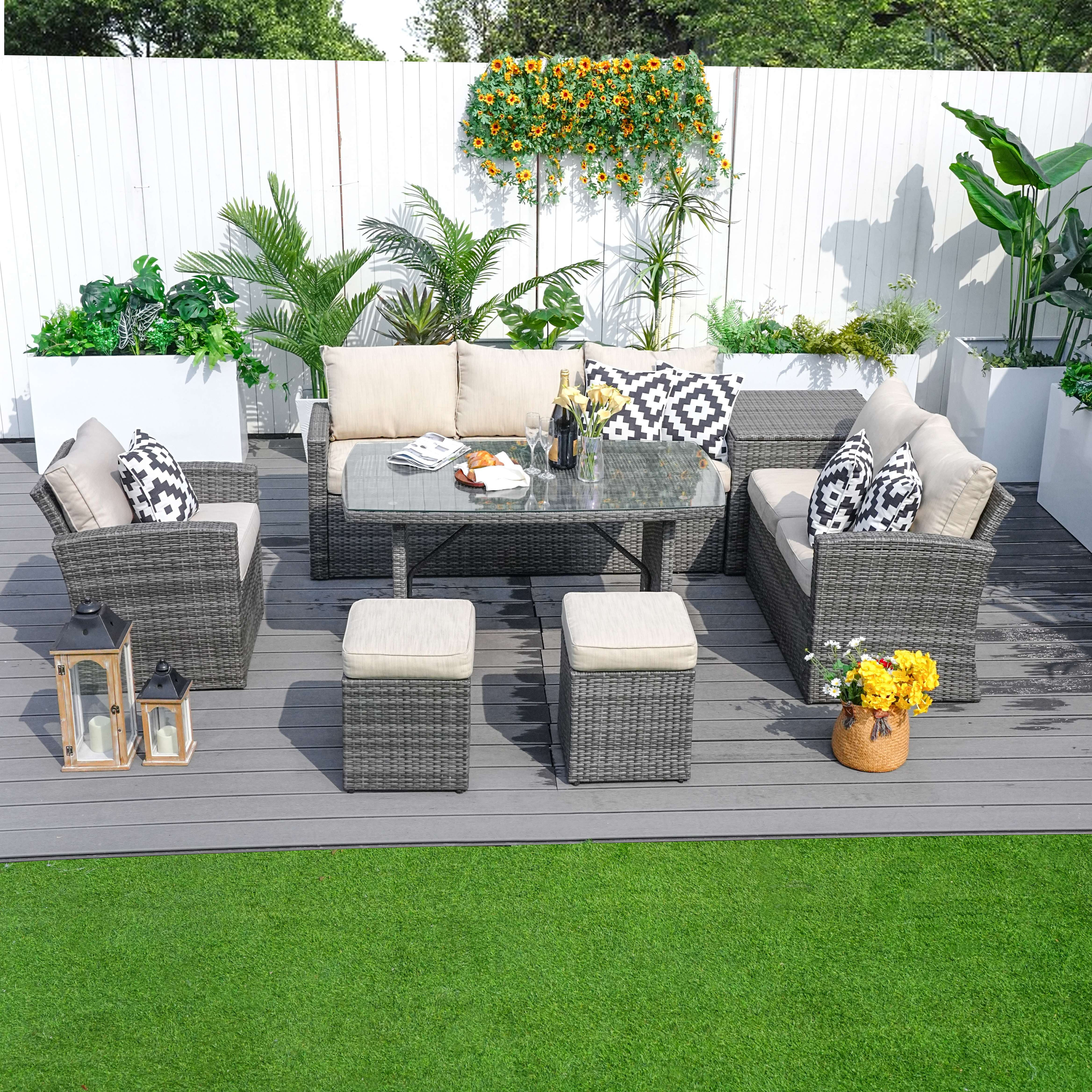 Abrihome   Outdoor 7-Piece Rattan Sofa Sets with Ottomans and Storage,Gray