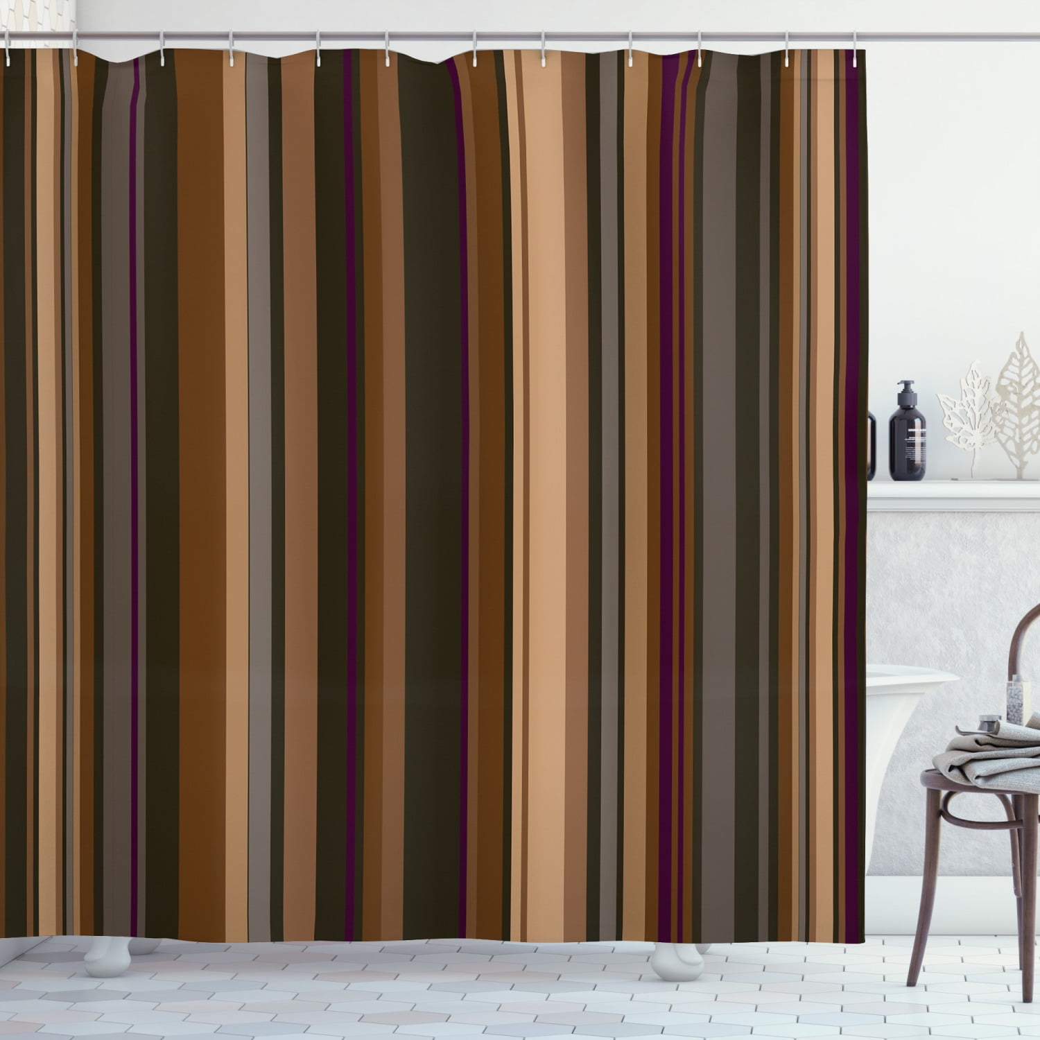 Abstract Shower Curtain, Retro Vertical Striped Background in Different Shades of Earthen Tones Image, Fabric Bathroom Set with Hooks, 69W X 70L Inches, Tan and Brown, by Ambesonne
