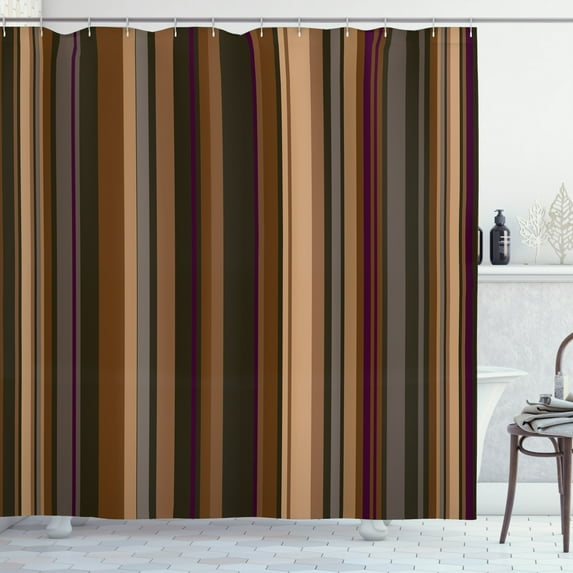 Abstract Shower Curtain, Retro Vertical Striped Background in Different Shades of Earthen Tones Image, Fabric Bathroom Set with Hooks, 69W X 70L Inches, Tan and Brown, by Ambesonne
