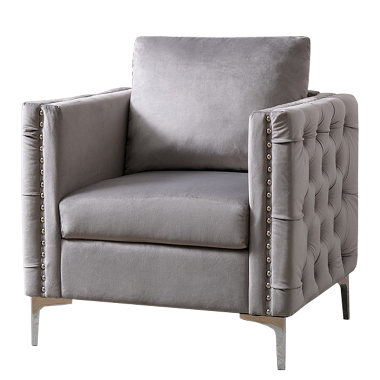 Accent Chair with Pillow Back and Button Tufted Design, Gray