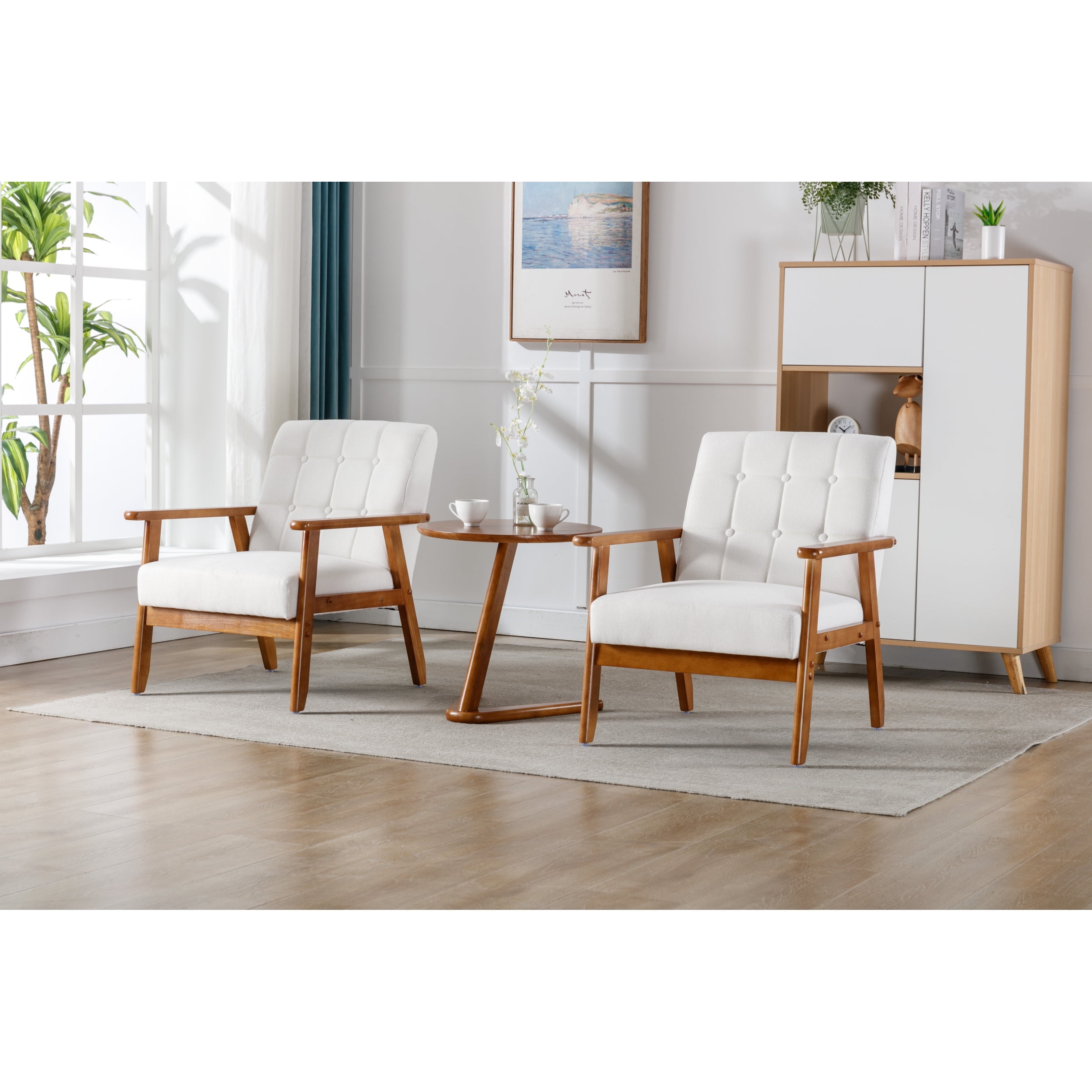 Accent Chairs Set of 2 with Side Table, Mid Century Modern Accent Chair, Wood and Fabric Armchairs Side Chair, Lounge Reading Comfy Arm Chair for Living Room, Bedroom, Office 82253