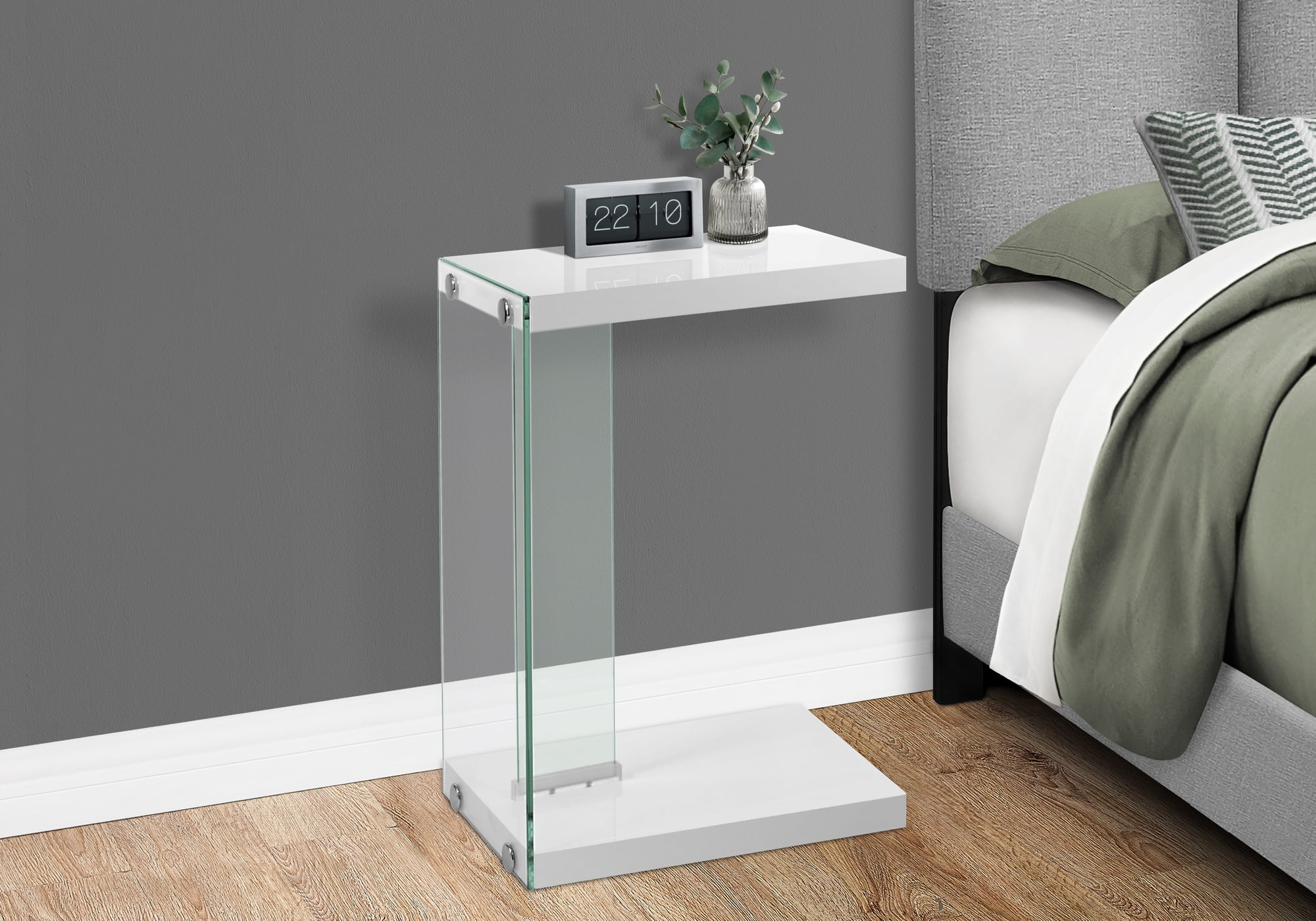 Accent Table C-shaped End Side Snack Bedroom Tempered Glass Glossy White