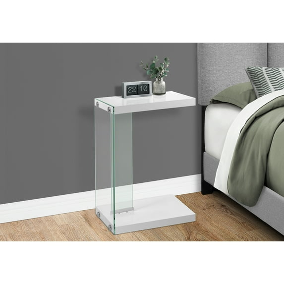 Accent Table C-shaped End Side Snack Bedroom Tempered Glass Glossy White