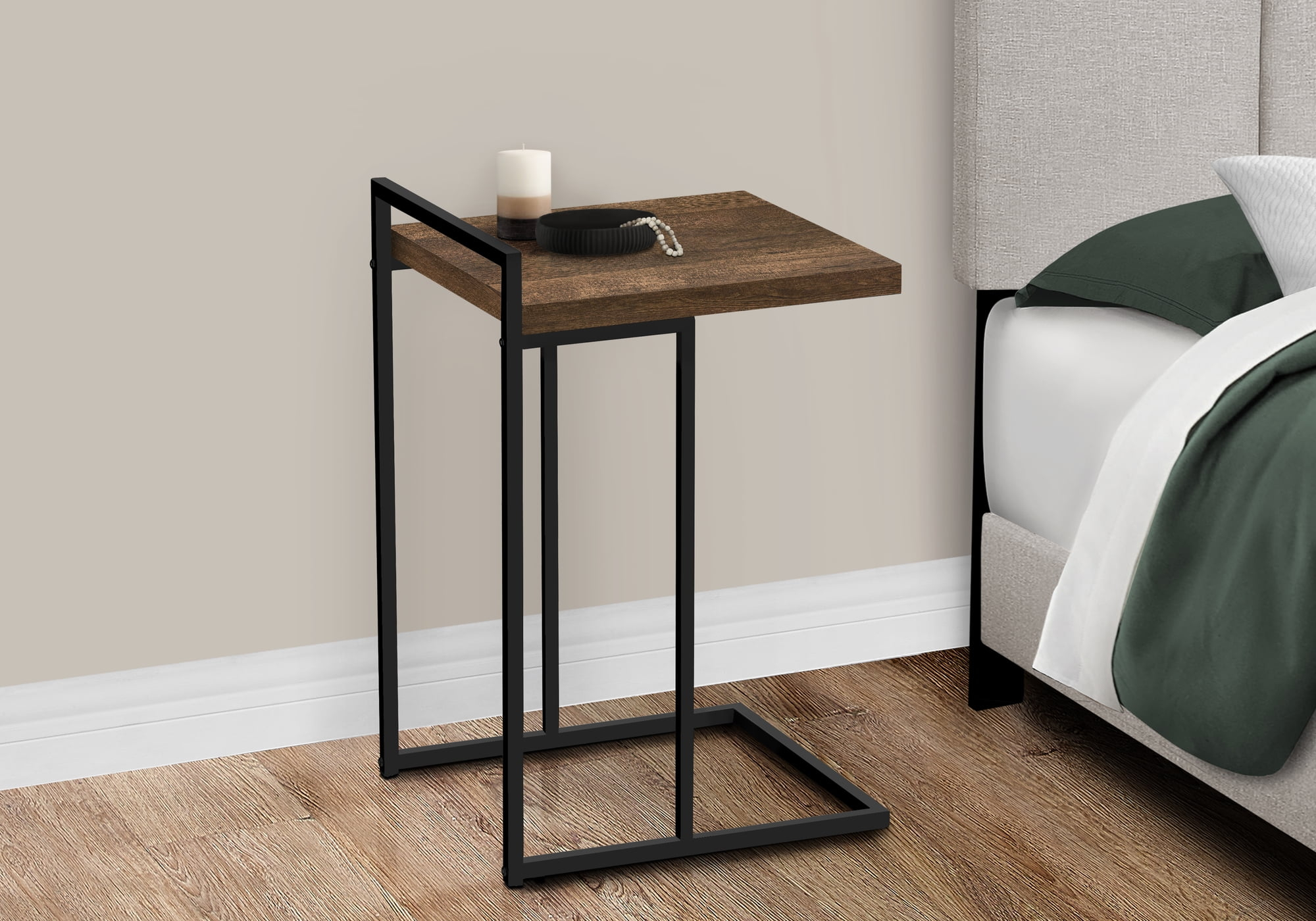 Accent Table, C-Shaped, End, Side, Snack, Living Room, Bedroom, Metal, Laminate, Brown, Black, Contemporary, Modern