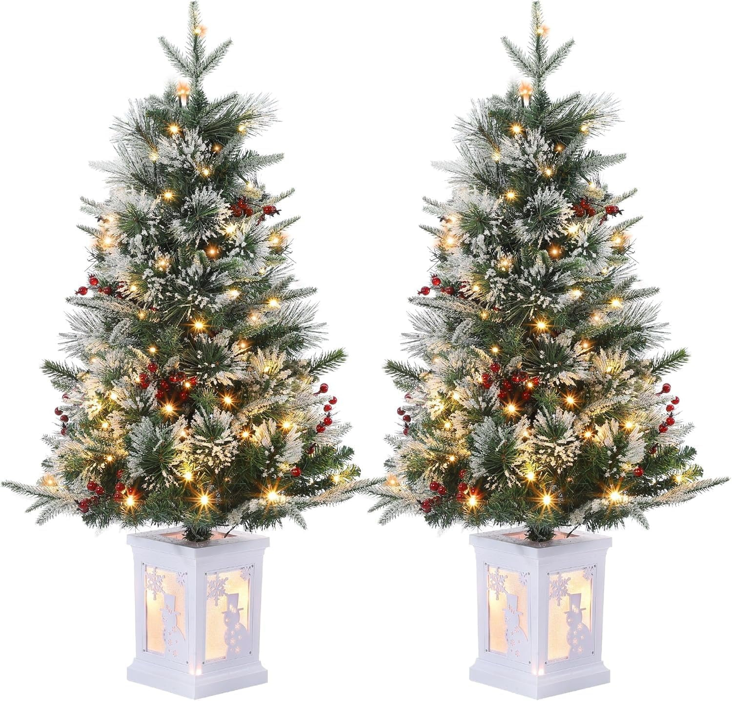 Accreate Pre-Lit 3FT Fiber Optic Christmas Tree with 78 LED Lights and Snowman Light Box – Set of 2
