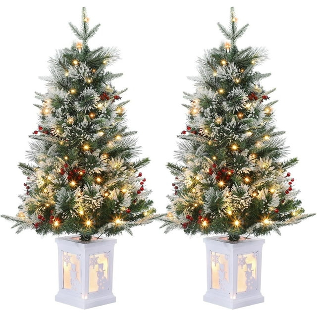 Accreate Pre-Lit 3FT Fiber Optic Christmas Tree with 78 LED Lights and Snowman Light Box – Set of 2