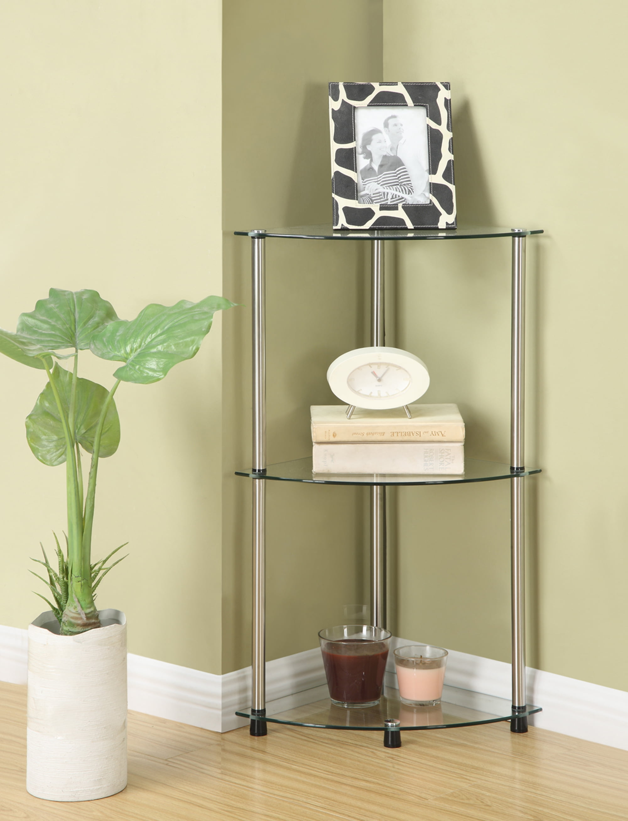 Convenience Concepts Designs2Go Classic Glass 3 Tier Corner Shelf, Multiple Finishes
