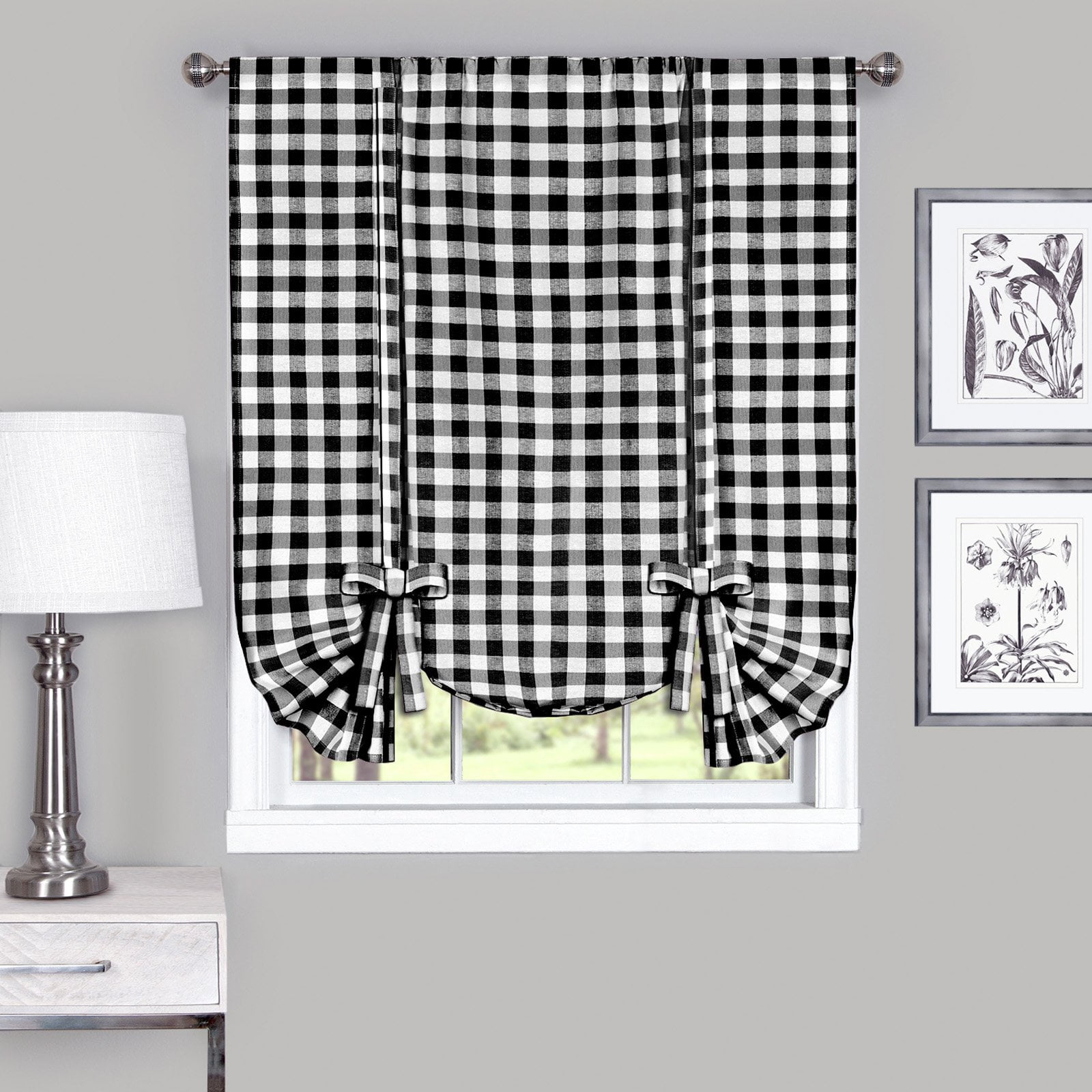 Buffalo Black Plaid Modern Window Curtain Panel : 42" x 63" Tie Up Shade - Single