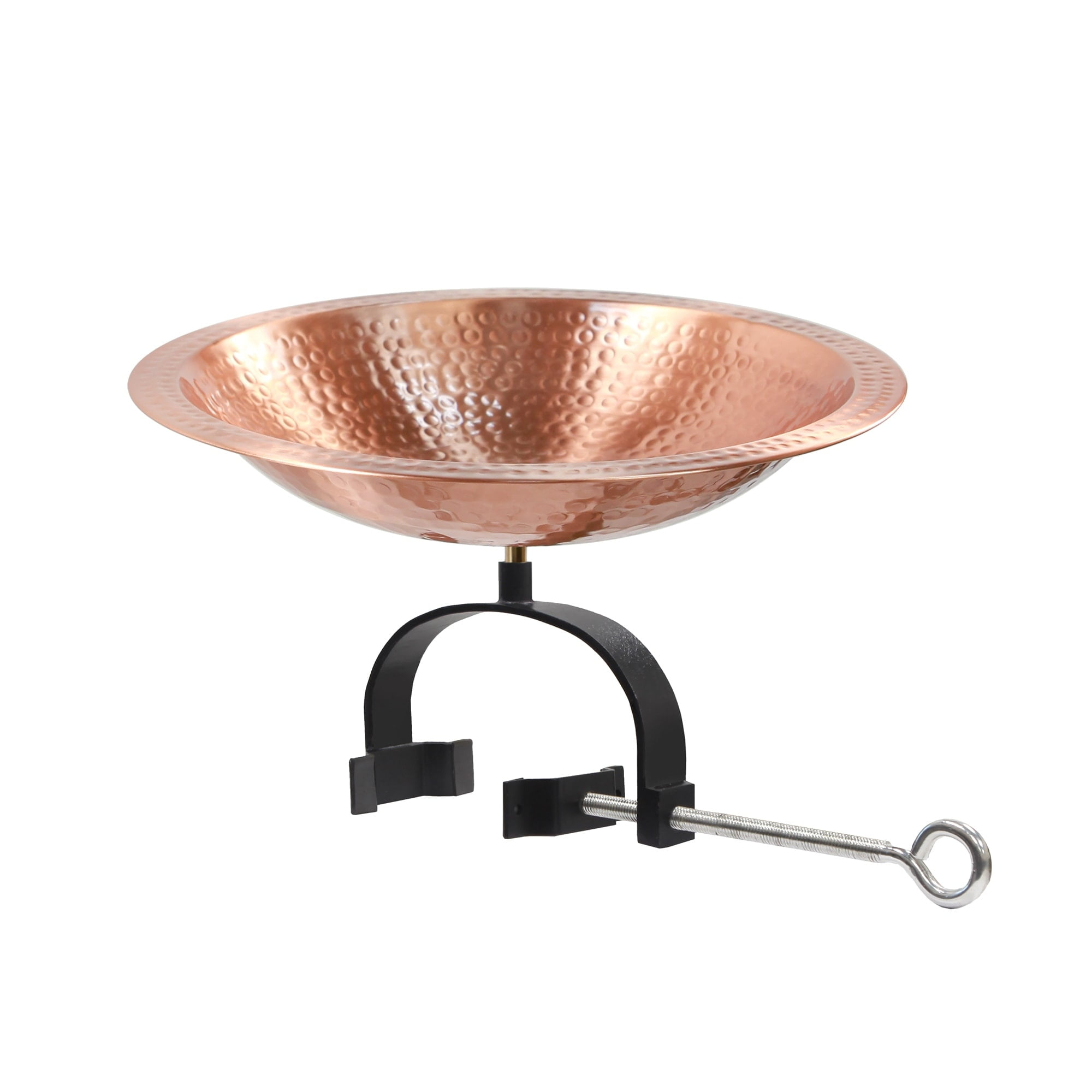 Achla Designs 16"L Round Satin Copper Hammered Birdbath w/ Wrought Iron Over Rail Bracket