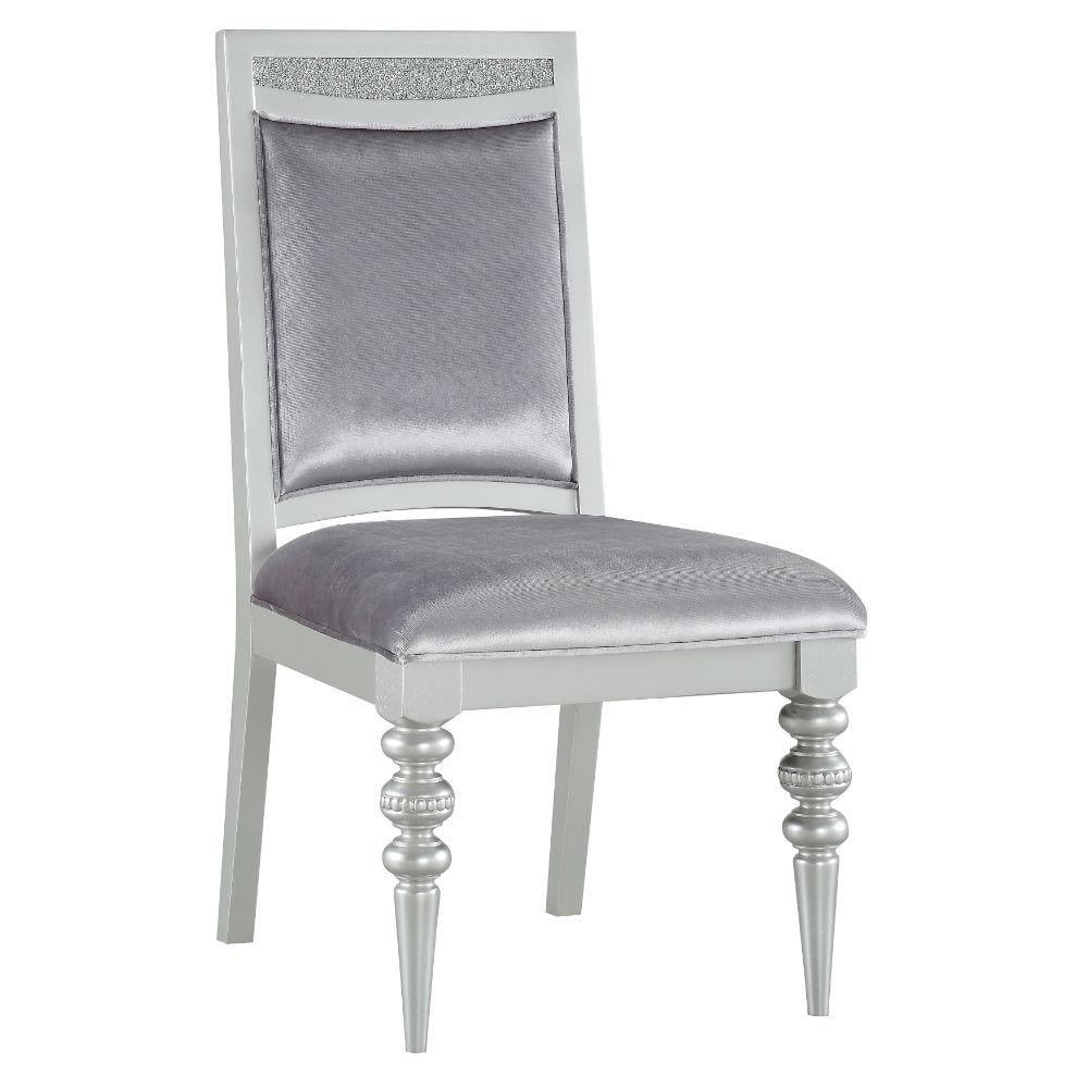 Acme Crystal Inlaid Fabric Upholstered Wooden Side Chair, Set of 2, Silver- Saltoro Sherpi Indoor