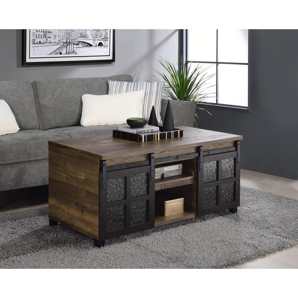 DremFaryoyo Nineel Coffee Table  Obscure Glass  Rustic Oak & Black Finish 87955