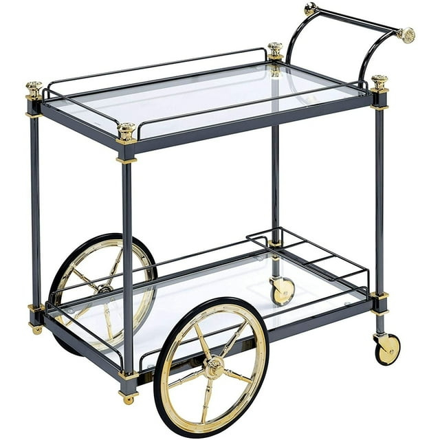 ACME Cyrus Rectangular Glass Top Serving Cart with 2 Shelves in Black and Clear