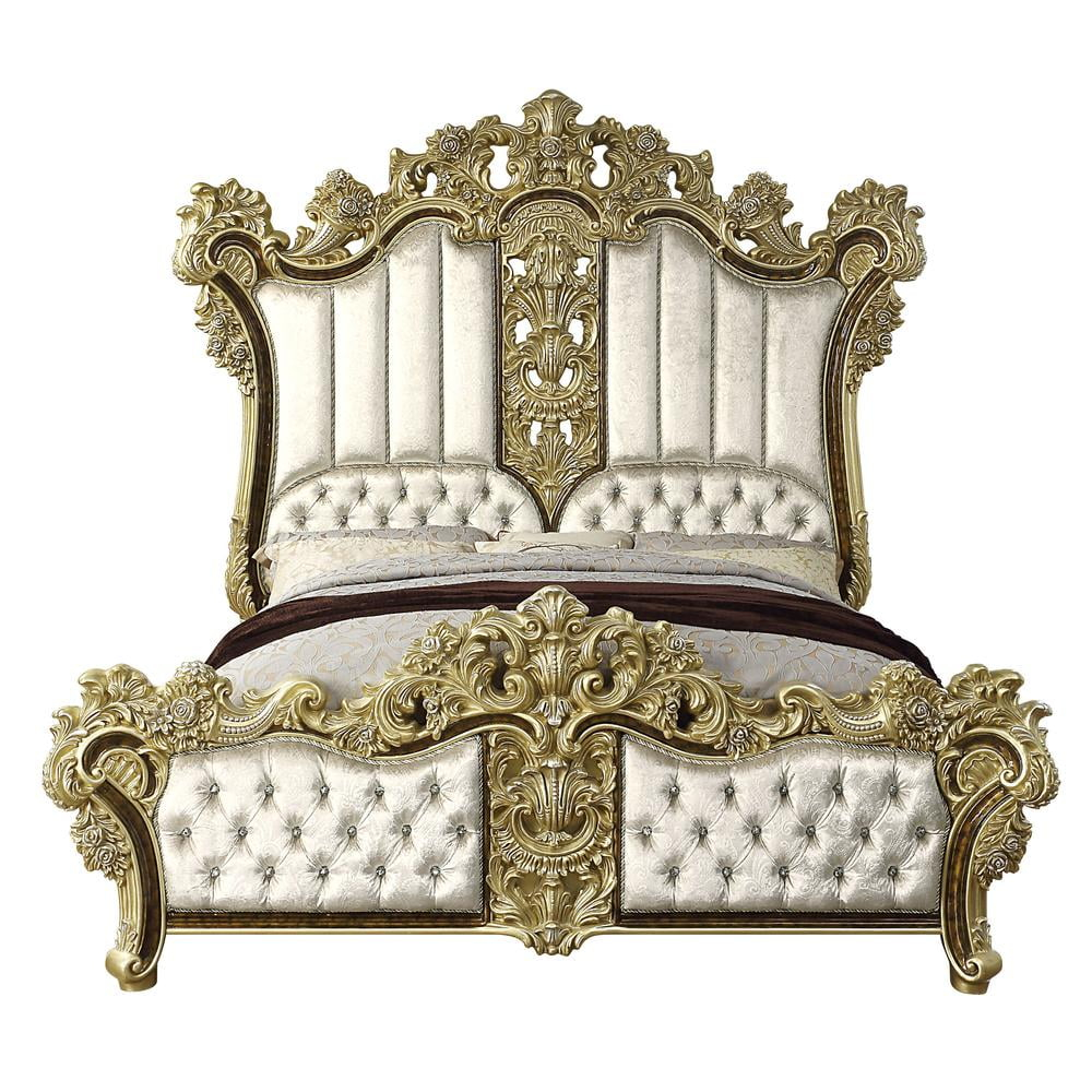 Acme Furniture Desiderius Eastern King Bed, Beige Fabric, Antique Gold & Hand Paint Brown