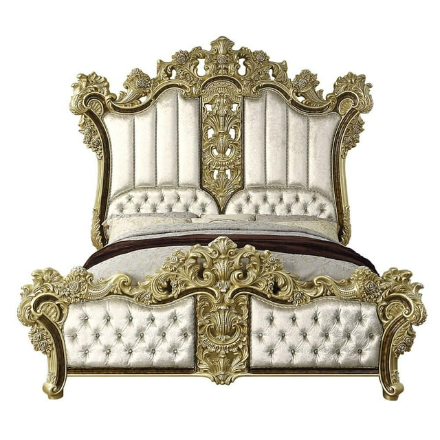 Acme Furniture Desiderius Eastern King Bed, Beige Fabric, Antique Gold & Hand Paint Brown