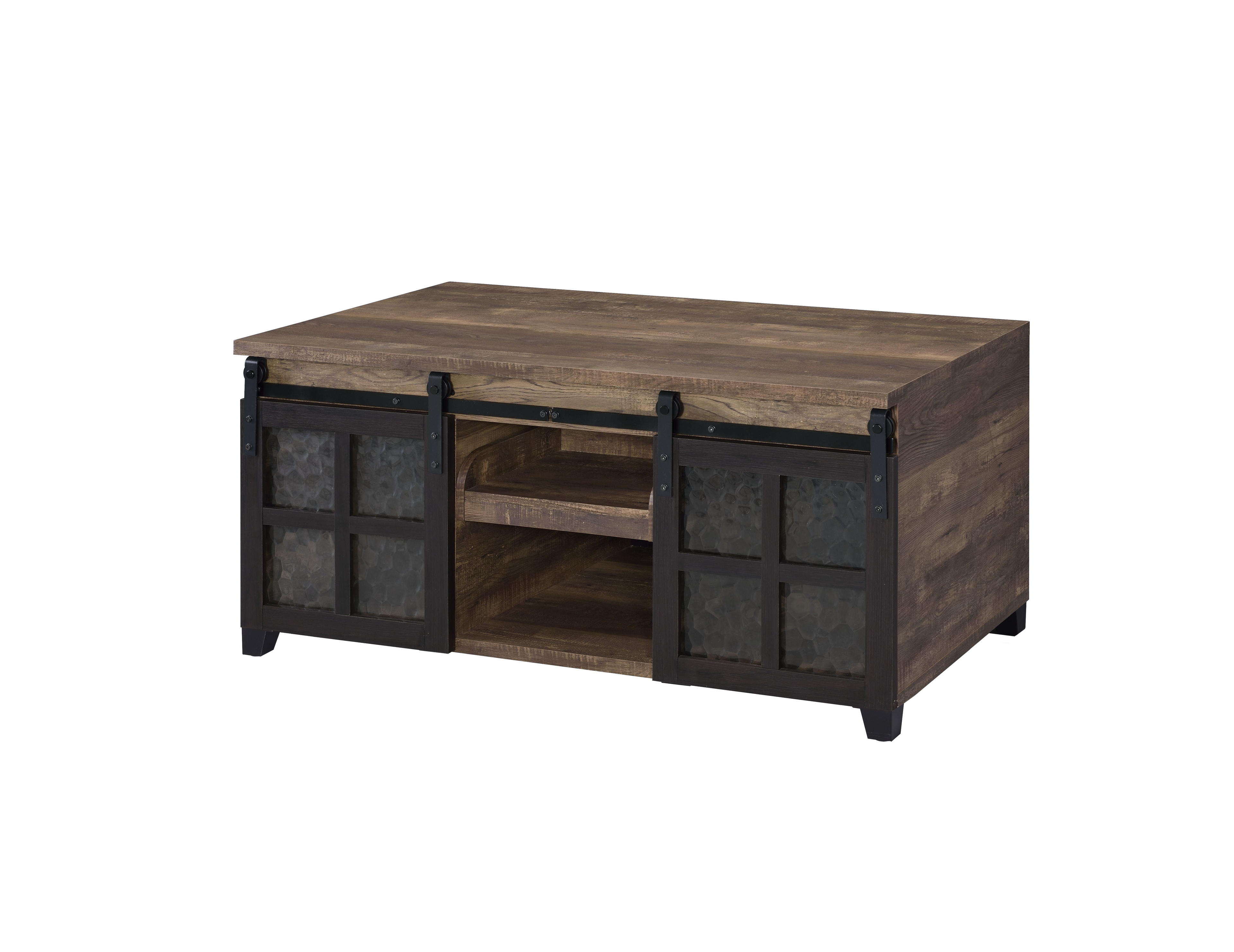 DremFaryoyo Nineel Coffee Table  Obscure Glass  Rustic Oak & Black Finish 87955