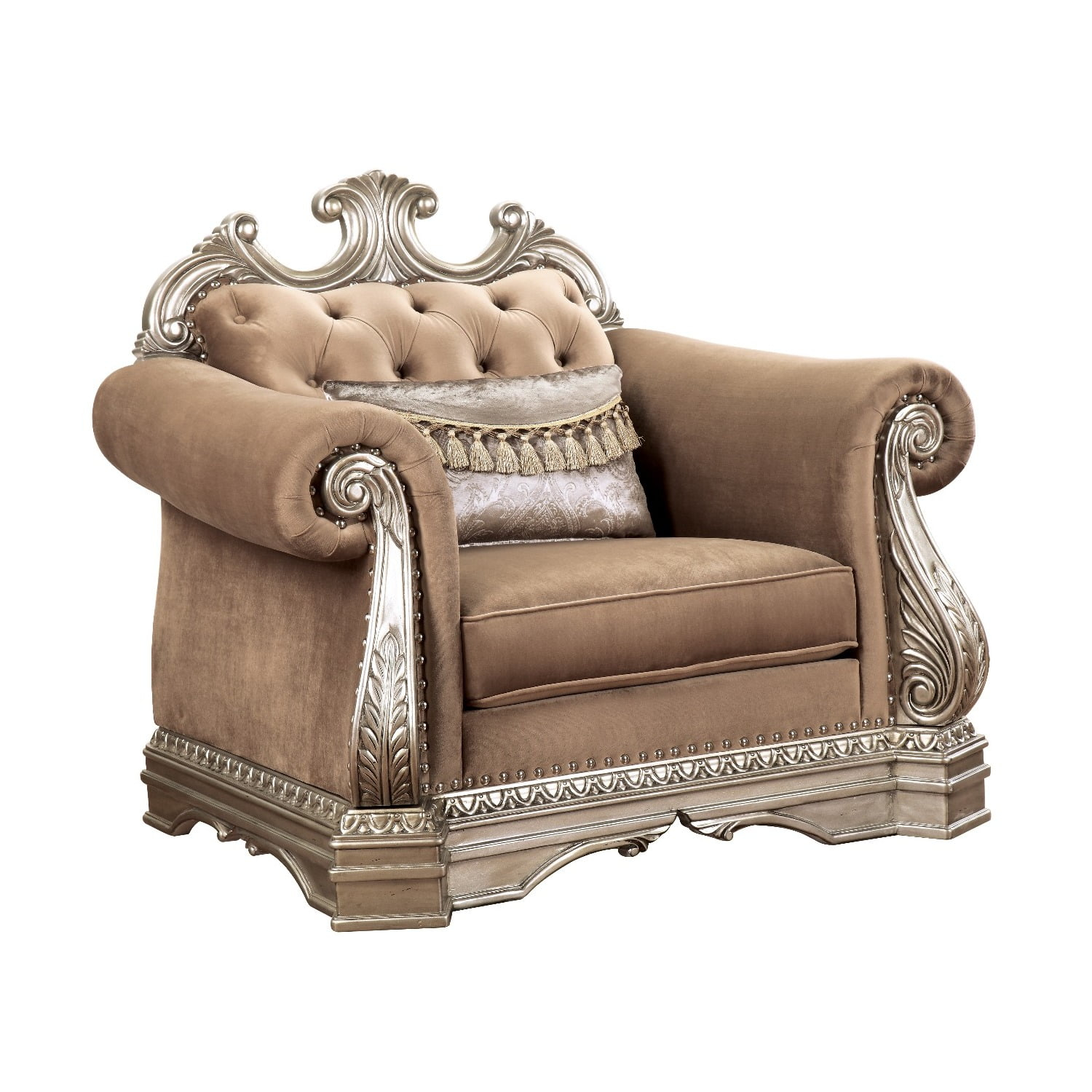 Acme Northville Upholstered Chair with 1 Pillow in Velvet and Antique Silver
