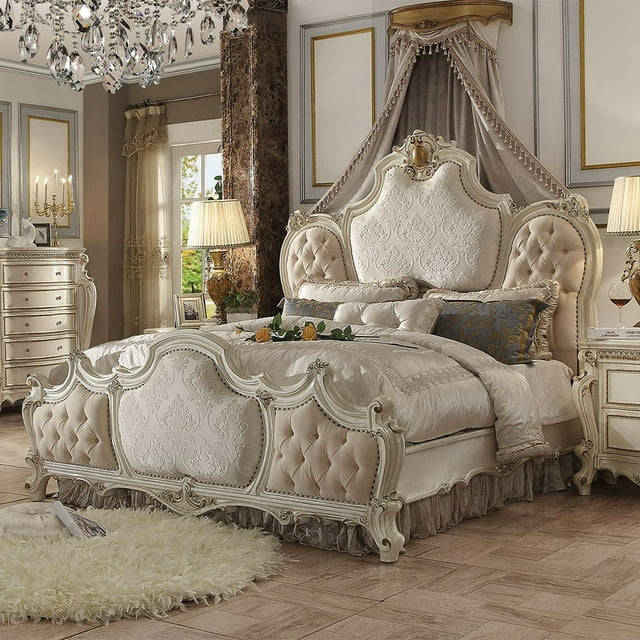 Acme Picardy Eastern King Bed, Fabric & Antique Pearl, Wood, Poly Resin, Upholstered