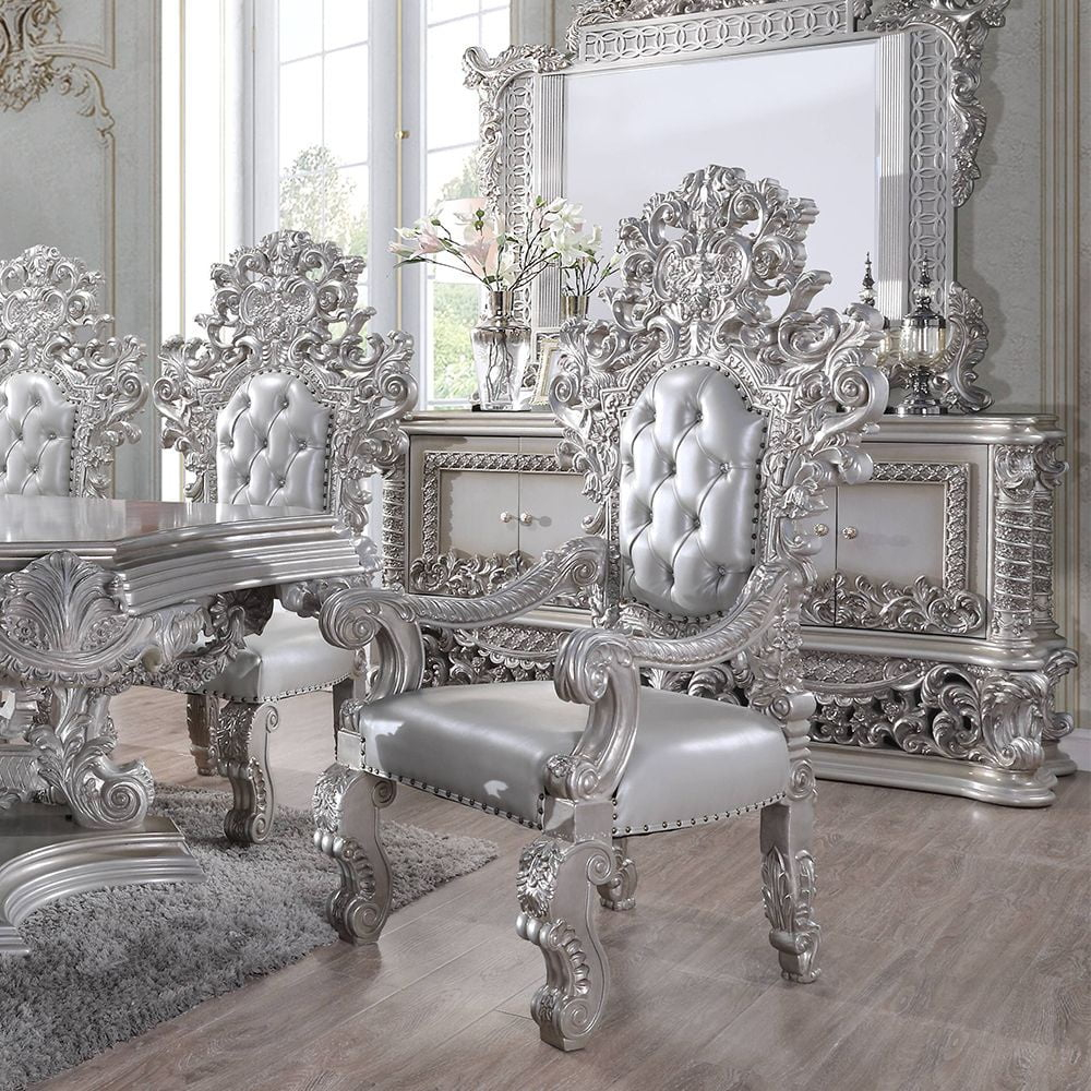 Acme Valkyrie Arm Chair (Set-2), Synthetic Leather, Antique Platinum Finish