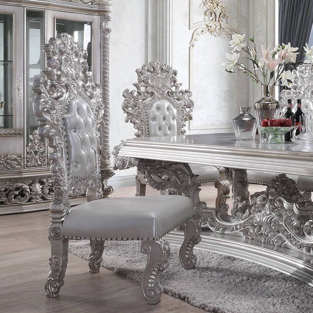 Acme Valkyrie Side Chair (Set-2), Synthetic Leather, Antique Platinum Finish