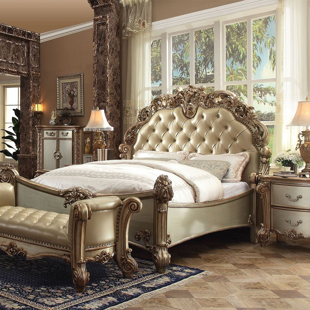 Acme Vendome Cal King Bed, Brass Synthetic Leather & Gold Patina, Wood, Poly Resin, Upholstered