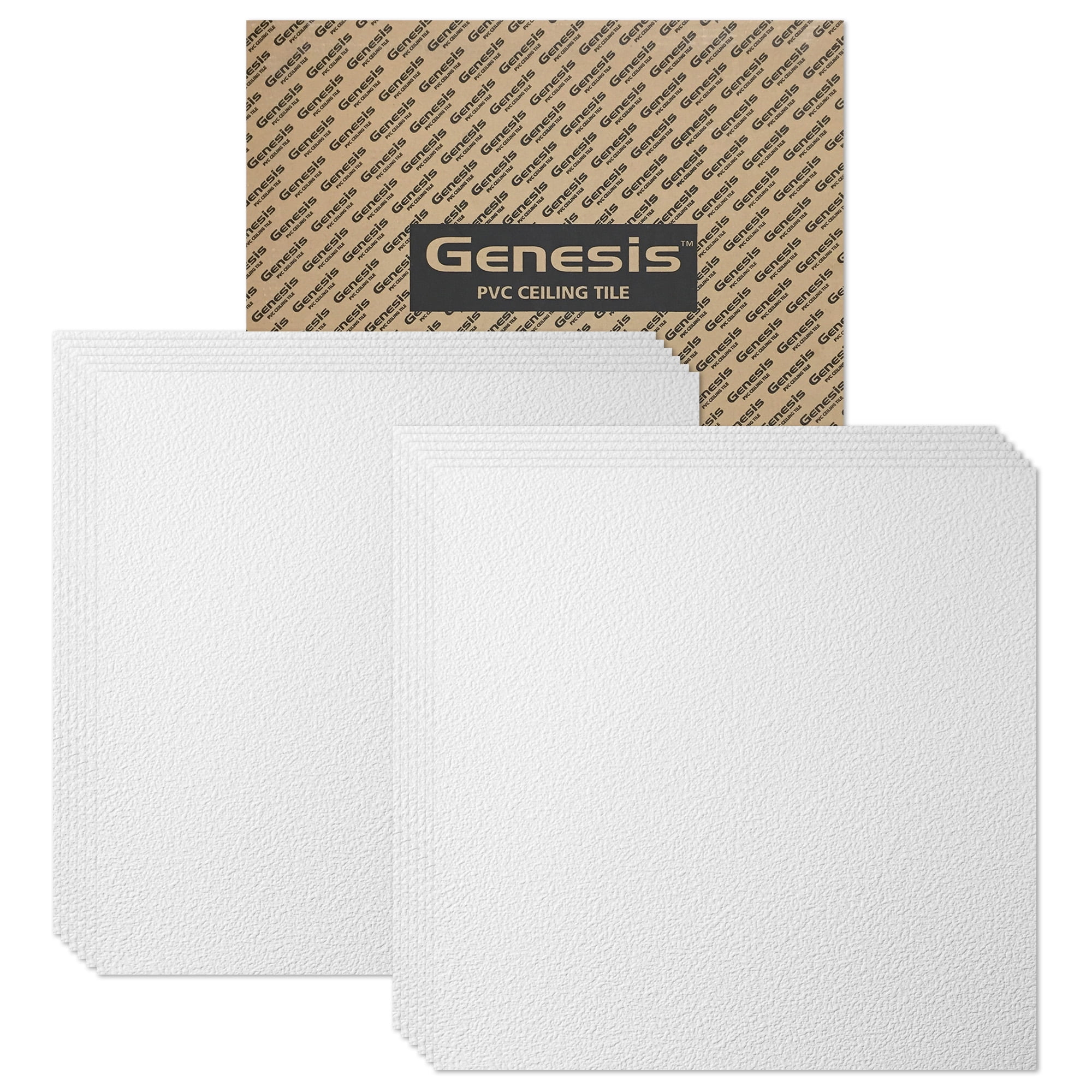 Genesis 2ft x 2ft White Stucco Pro Ceiling Tiles - Easy Drop-in Installation - Waterproof, Washable and Fire-Rated - High-Grade PVC to Prevent Breakage - Package of 12 Tiles