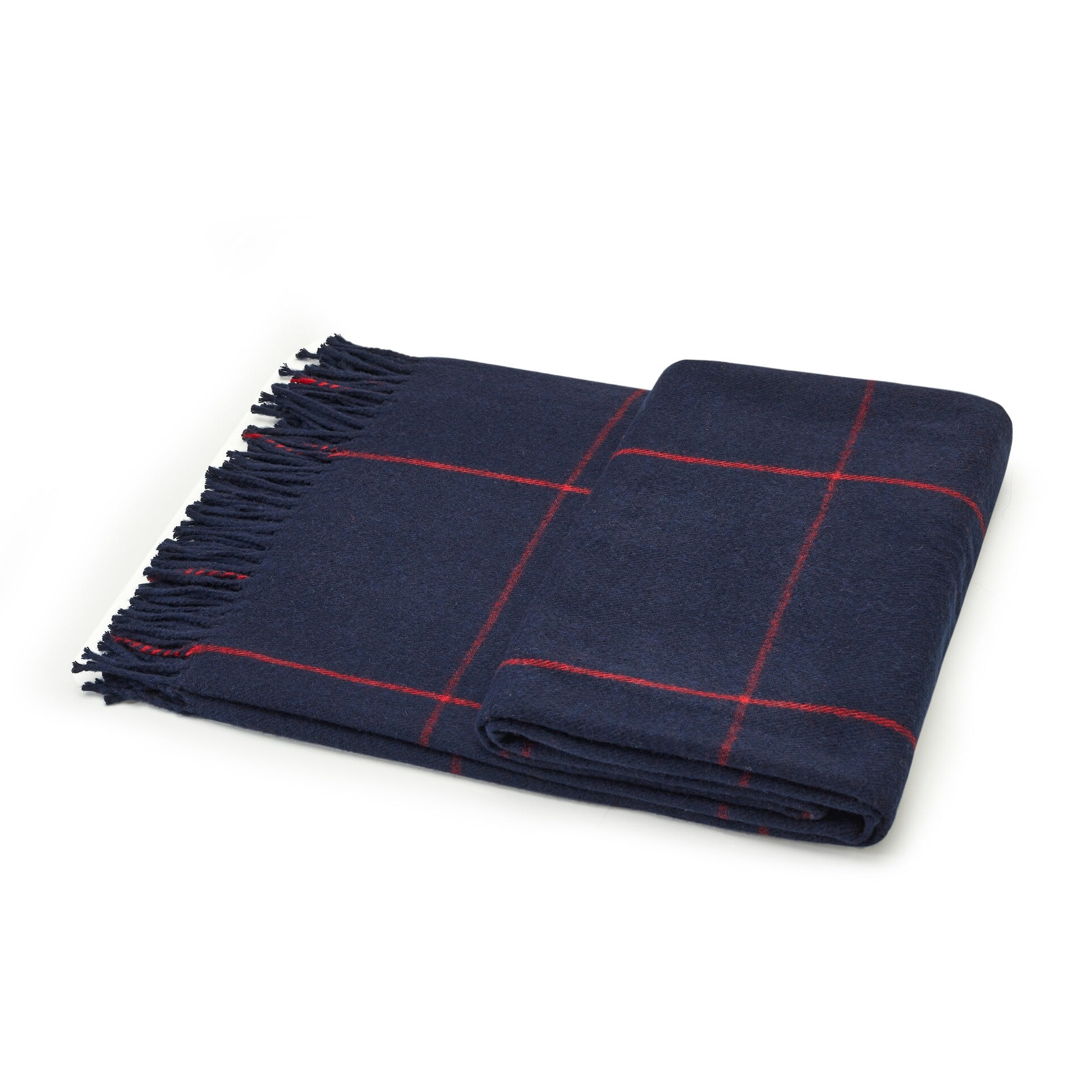 Acrylic Woven Queen Size Throw Blanket with Hand Knotted Fringes Navy-Red