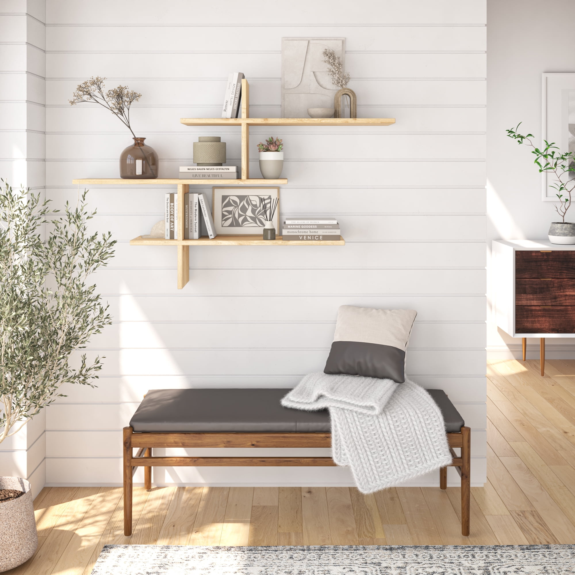 Ada Home Decor Furniture 48.5" 3 Tier Oak Webster Modern Wall Shelf