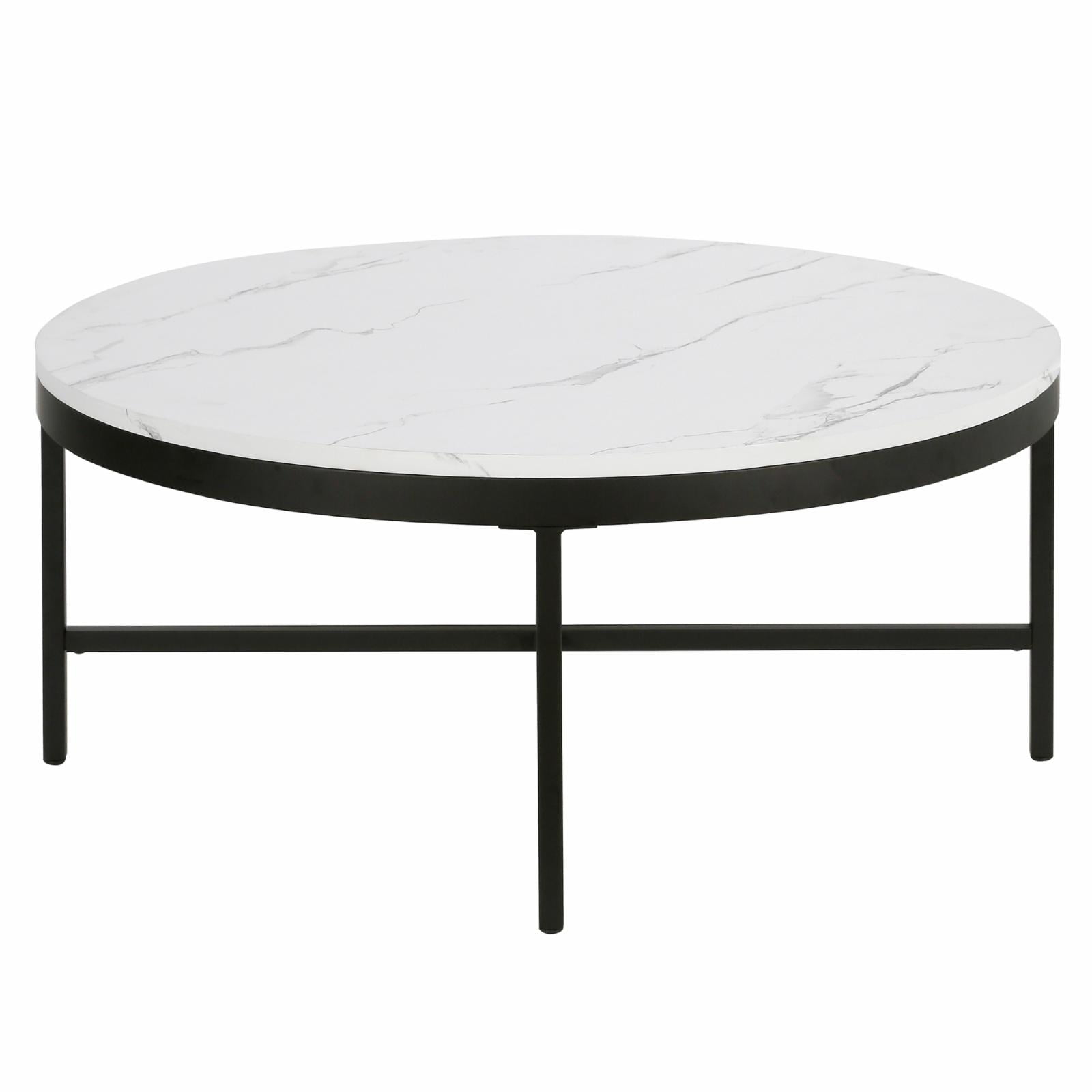 Evelyn&Zoe Xivil 36" Wide Round Coffee Table with Faux Marble Top in Blackened Bronze/Faux Marble