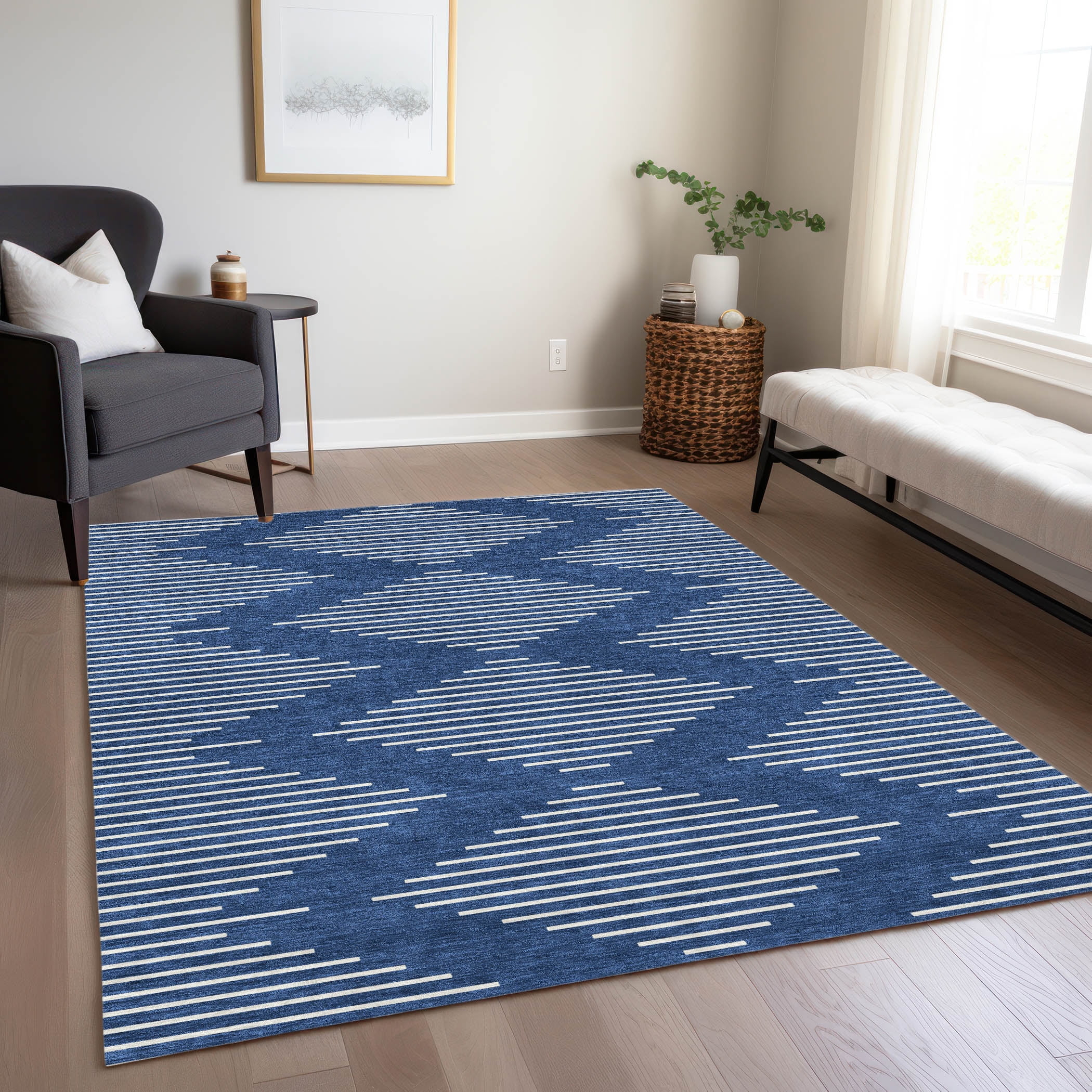 Addison Rugs Chantille Indoor/Outdoor Transitional Geometric Navy Washable Rectangle Rug, 3' x 5'