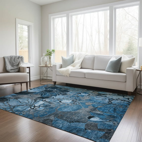 Addison Rugs Chantille Indoor/Outdoor Transitional Floral Blue Washable Rectangle Rug, 9' x 12'