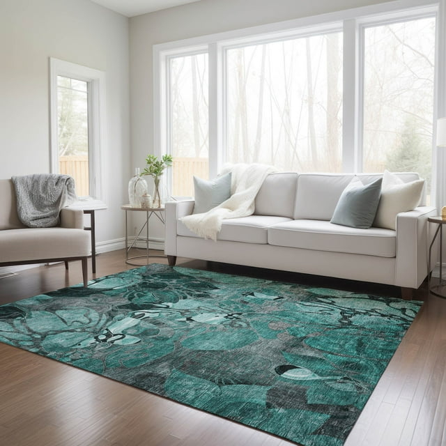 Addison Rugs Chantille Indoor/Outdoor Transitional Floral Teal Washable Rectangle Rug, 10' x 14'