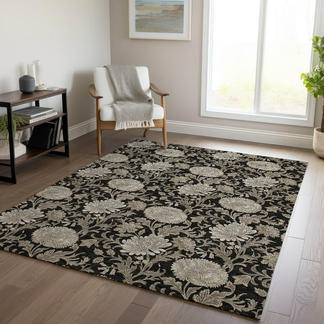 Addison Rugs Chantille Indoor/Outdoor Transitional Floral Black Washable Rectangle Rug, 5' x 7'6"