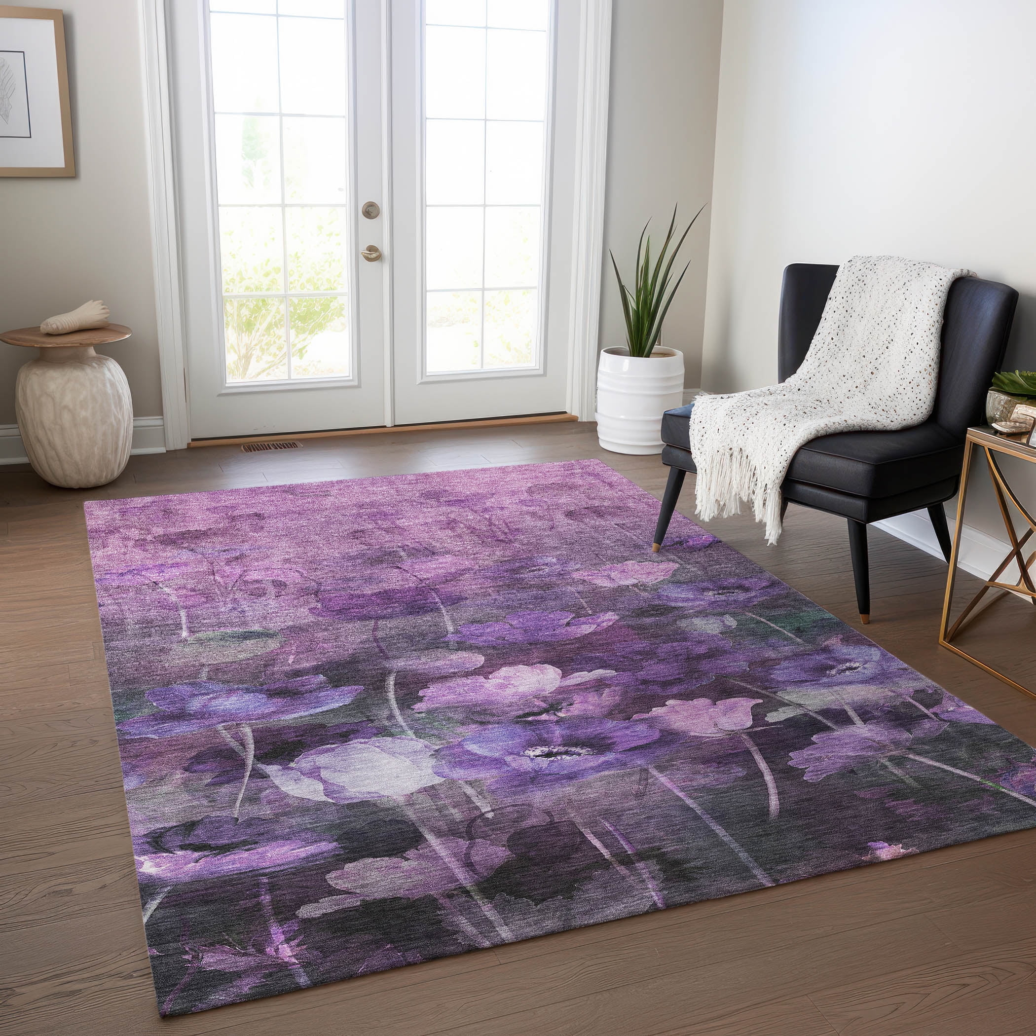 Addison Rugs Chantille Indoor/Outdoor Transitional Floral Purple Washable Rectangle Rug, 3' x 5'