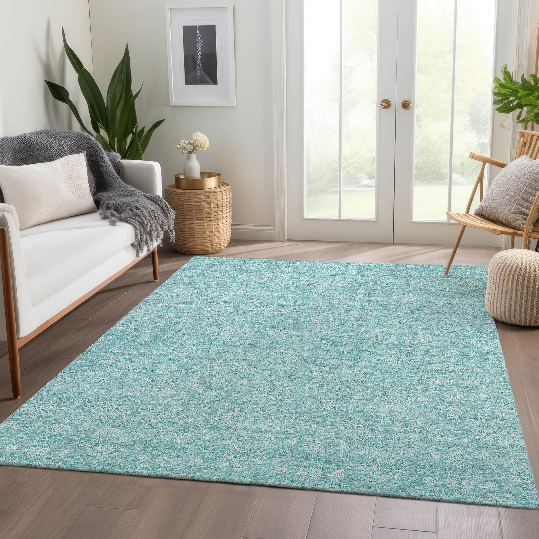 Addison Rugs Chantille Indoor/Outdoor Transitional Floral Aqua Washable Rectangle Rug, 8' x 10'