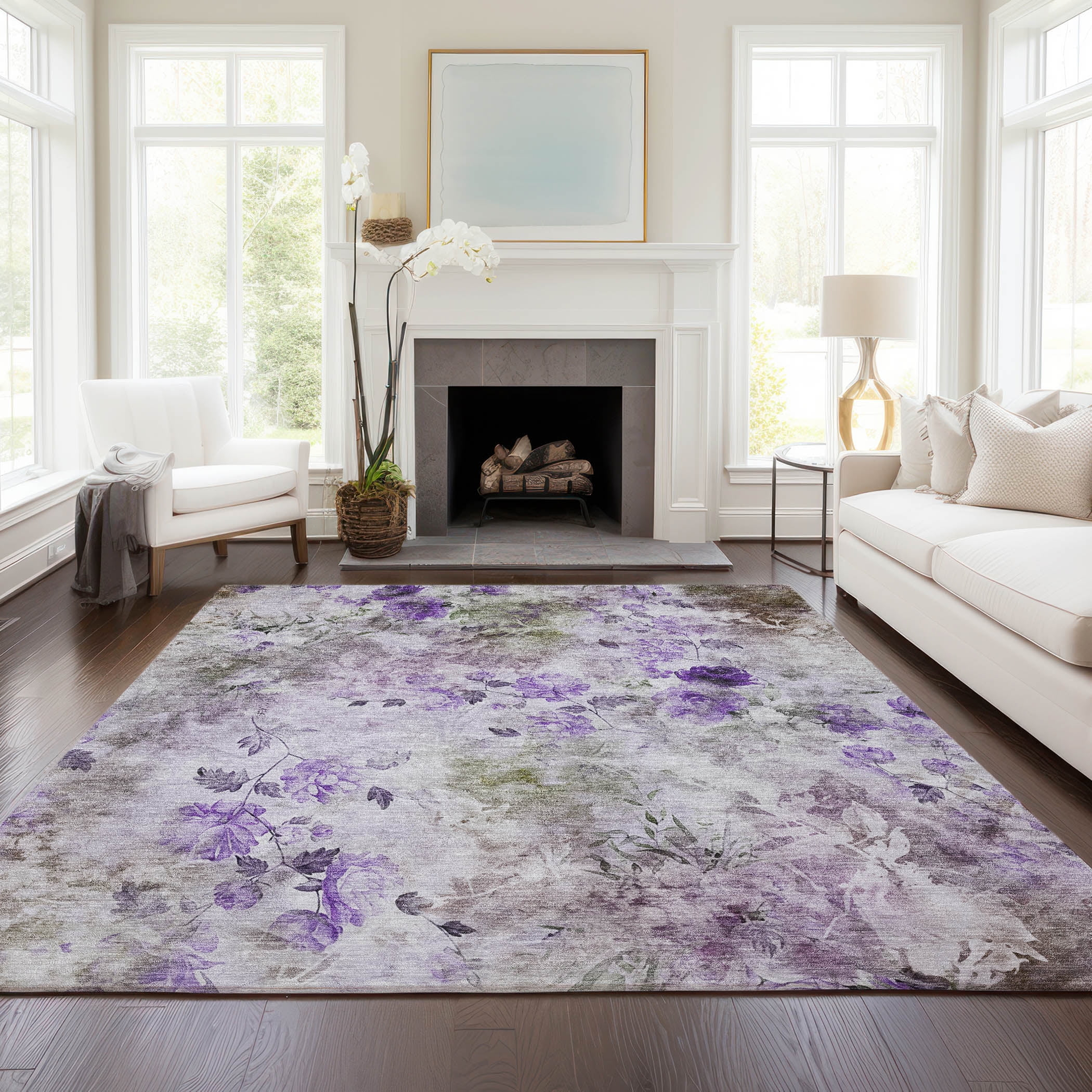 Addison Rugs Chantille Indoor/Outdoor Transitional Floral Purple Washable Rectangle Rug, 5' x 7'6"